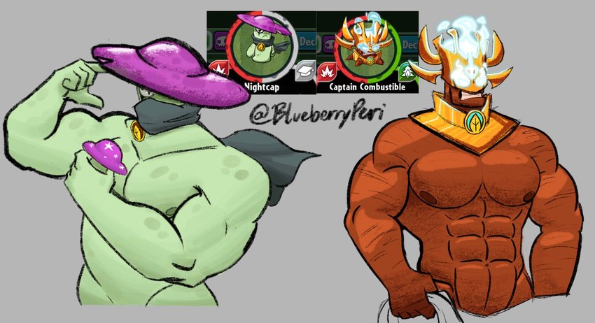 barazoku duo fire fungus green_body green_skin male muscular mushroom not_furry pose blueberryperi electronic_arts plants_vs._zombies plants_vs._zombies_heroes popcap_games captain_combustible nightcap_(pvz) elemental_creature fungi_fauna humanoid torchwood_(pvz) hi_res