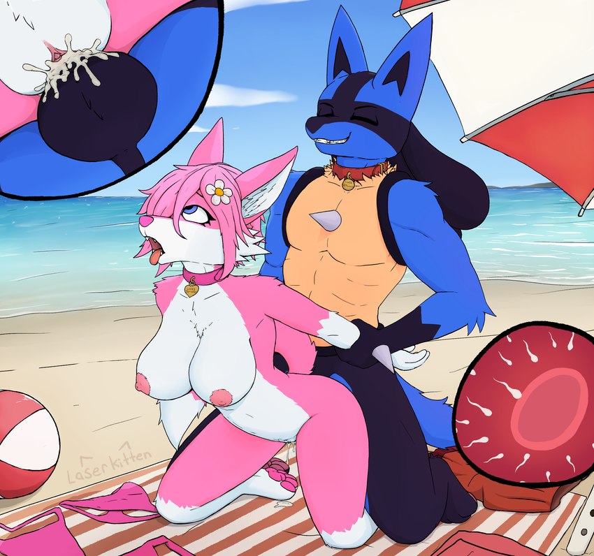 abs ahegao anthro anthro_on_anthro anthro_penetrated anthro_penetrating anthro_penetrating_anthro arm_grab arm_pull athletic athletic_anthro ball beach beach_ball beach_parasol big_breasts black_body black_fur black_penis blue_body blue_eyes blue_fur bodily_fluids breasts close-up collar cum cum_in_pussy cum_inside dipstick_tail duo eyes_closed female female_anthro female_penetrated from_behind_position fur genital_fluids genitals gloves_(marking) hair impregnation inflatable kneeling leg_markings looking_pleasured male male/female male_anthro male_penetrating male_penetrating_female markings muscular muscular_male nipples nude nude_anthro nude_female nude_male open_mouth outside_sex ovum parasol pawpads penetration penile penile_penetration penis penis_in_pussy pink_body pink_collar pink_fur pink_pawpads prison_guard_position public public_nudity public_sex red_collar sea sex sky socks_(marking) sperm_cell tail tail_markings tan_body tan_fur teeth tongue tongue_out vaginal vaginal_penetration water white_body white_fur laserkitten nintendo pokemon luca_(afrlucario) canid canine fox generation_4_pokemon lucario mammal pokemon_(species) absurd_res hi_res