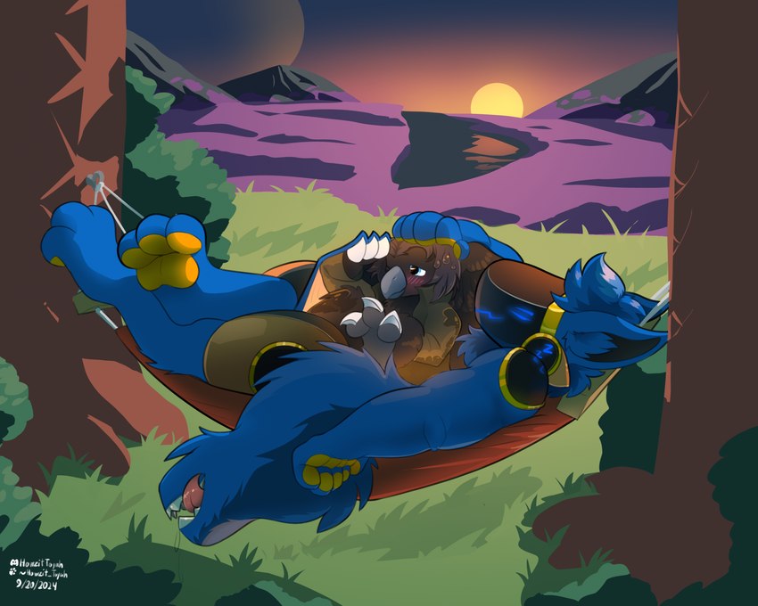 after_vore anthro black_body black_feathers blue_body blue_fur bodily_fluids duo dusk feathers fully_inside fur hammock hand_on_belly internal licking licking_lips lying machine male male/male moon mountain mountain_background nature nature_background oral_vore outside pawpads plant safe_vore sleeping sunset sweat tail tail_mouth tongue tree unusual_anatomy unusual_tail vore wings yellow_pawpads howzit_toyah avian bird corvid corvus_(genus) crow oscine passerine protogen hi_res