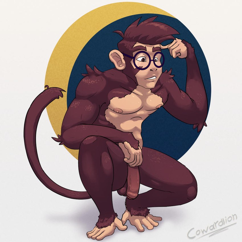 anthro balls crouching eyewear feet finger_on_head flaccid fur genitals glasses hair hand_on_head male nipples nude opposable_toe penis round_glasses simple_background solo spiky_hair tan_nipples cowardlion casuallynoted lukas_(casuallynoted) haplorhine mammal monkey primate 1:1