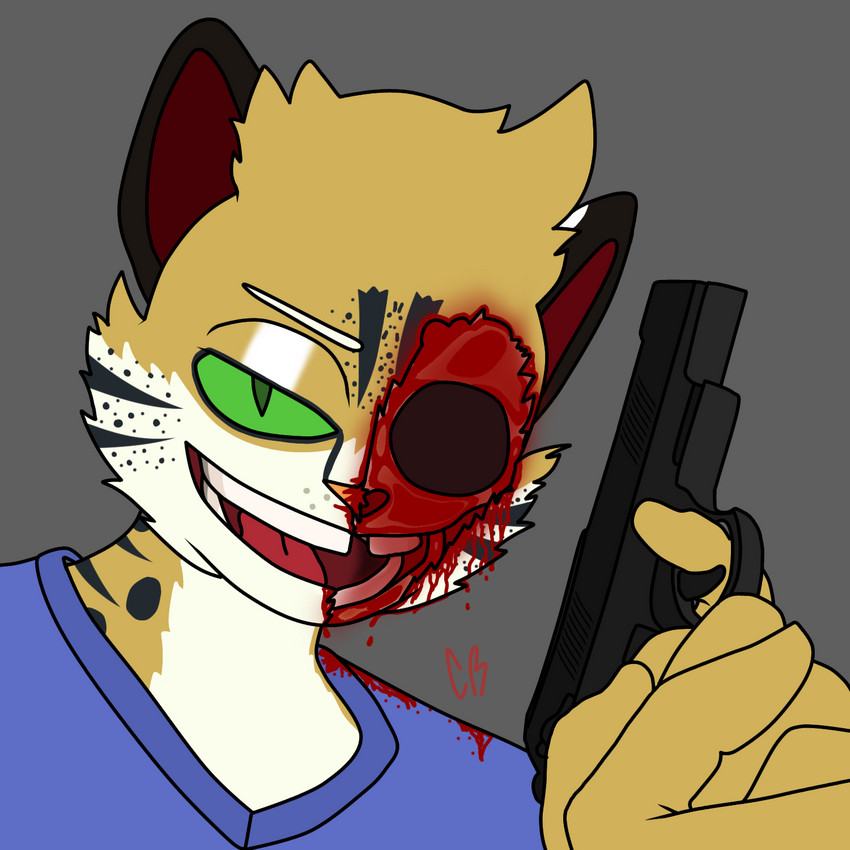 anthro blood bodily_fluids bone clothed clothing gore gun half_face holding_gun holding_object holding_ranged_weapon holding_weapon male ranged_weapon skull smile smiling_at_viewer solo weapon cyberrodrigo rodrigo_(cyberrodrigo) felid feline humanoid leopardus mammal ocelot 1:1 hi_res