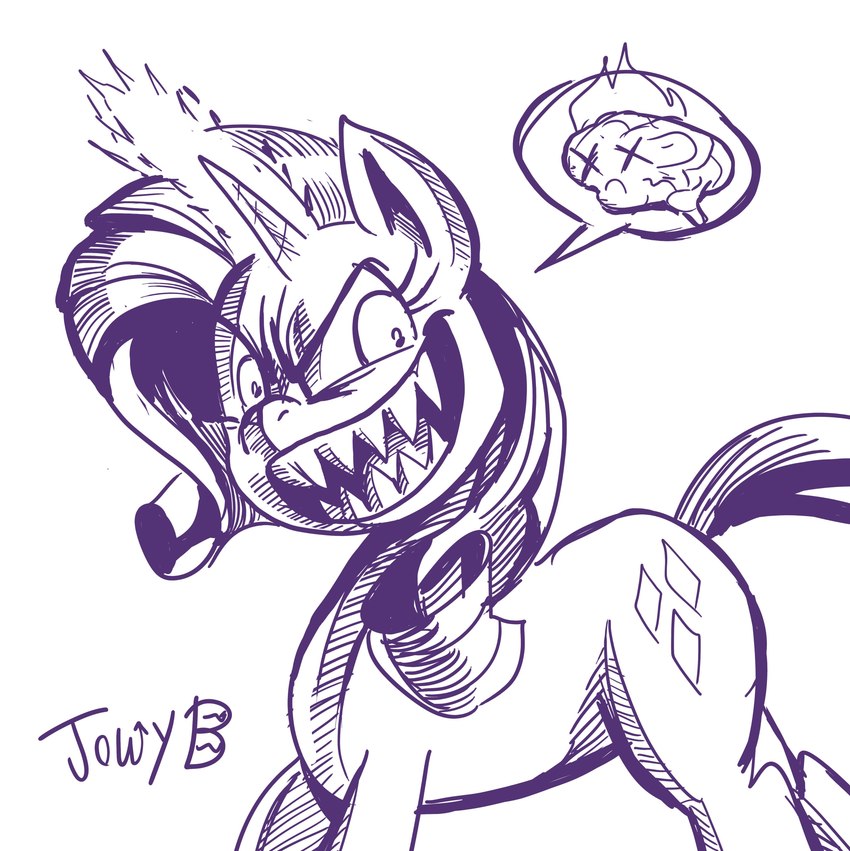 brain evil_grin female fire horn open_mouth open_smile organs sharp_teeth smile solo teeth x_eyes jowybean friendship_is_magic hasbro my_little_pony mythology rarity_(mlp) equid equine mammal mythological_creature mythological_equine unicorn absurd_res hi_res monochrome