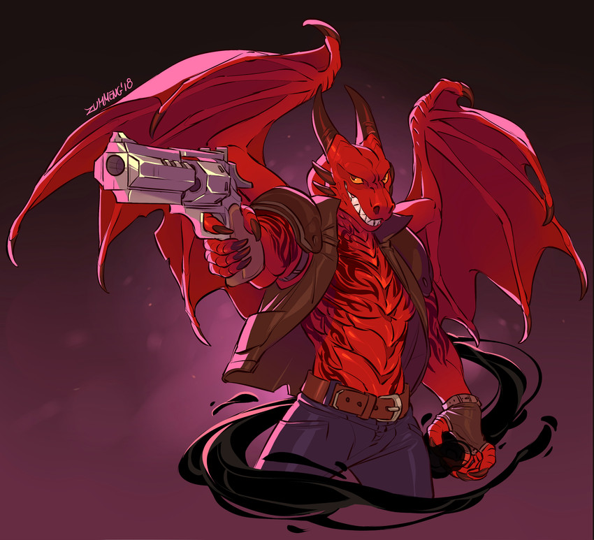 5_fingers abs anthro belt bottomwear claws clothed clothing fangs fingers gloves gun handgun handwear holding_gun holding_object holding_ranged_weapon holding_weapon horn jacket legwear magic magic_user male membrane_(anatomy) membranous_wings muscular muscular_anthro muscular_male pants pecs pistol ranged_weapon red_body red_scales revolver scales sharp_teeth smile smoke solo spell standing tattoo teeth topwear weapon wings yellow_eyes zummeng doom_(series) european_mythology guncaster id_software microsoft mythology cygnis_flayinthere dragon mythological_creature mythological_scalie reptile scalie western_dragon absurd_res digital_media_(artwork) hi_res