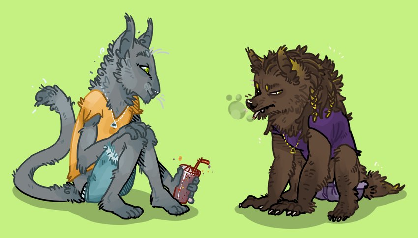 anthro beverage blue_bottomwear blue_clothing blue_shorts bottomwear brown_body brown_fur brown_hair clothing duo fur green_background green_eyes grey_body grey_fur hair holding_beverage holding_object hotpants male mouth_closed orange_clothing orange_shirt orange_t-shirt orange_topwear purple_bottomwear purple_clothing purple_hotpants purple_shirt purple_shorts purple_t-shirt purple_topwear shirt shorts simple_background sitting t-shirt topwear yellow_eyes 0ct0m0n0 canid felid mammal alternate_version_at_source