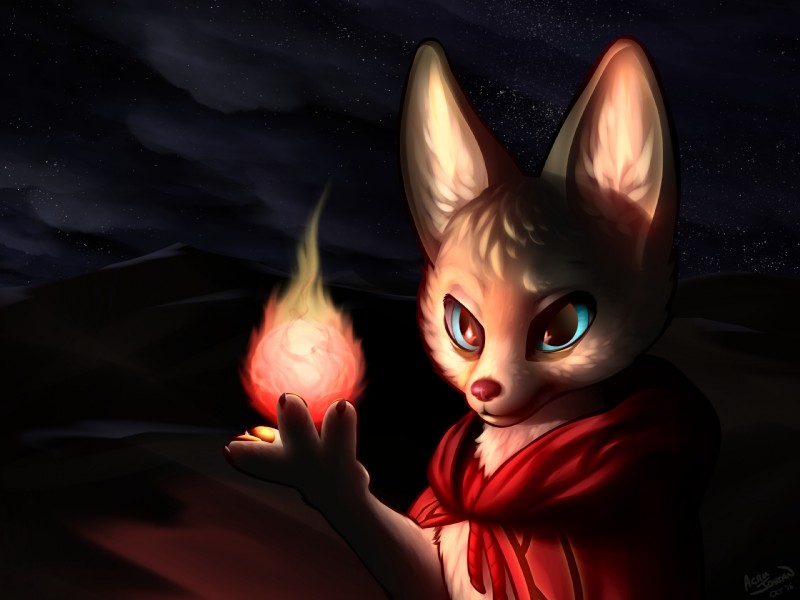 ambiguous_gender anthro chibi cloak clothing desert detailed_background fire fireball fluffy fur magic night paws simple_background solo star acru_jovian canid canine fennec_fox fox mammal true_fox 4:3 digital_media_(artwork) hi_res portrait