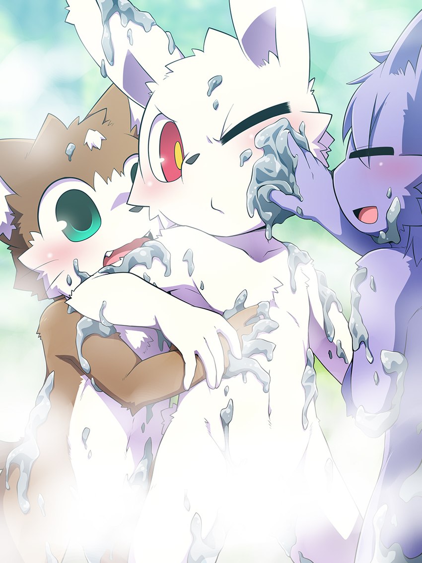 anthro arms_bent bent_arm black_nose blush brown_body brown_fur chest_tuft convenient_censorship cute_fangs eyes_closed fangs fur glistening glistening_eyes glistening_face green_eyes group hand_on_arm hand_on_chest hand_on_face head_tuft hot_spring hug inner_ear_fluff looking_at_another male male/male navel nude nude_anthro nude_male one_eye_closed open_mouth open_smile pupils purple_body purple_fur raised_arm red_eyes smile steam teeth trio tuft water white_body white_fur white_inner_ear white_inner_ear_fluff yellow_pupils young young_anthro young_male ko-gami anda_(ko-gami) hantsuki_(ko-gami) matsuba_(ko-gami) domestic_cat felid feline felis lagomorph leporid mammal rabbit 2020 3:4 censored digital_media_(artwork) hi_res