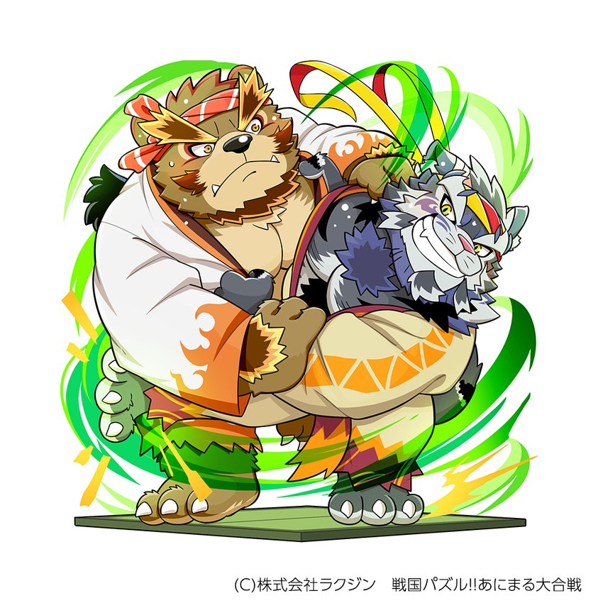 anthro black_body black_fur black_nose blue_body blue_fur brown_body brown_fur clothed clothing cute_fangs duo fangs fur kemono male overweight overweight_male teeth text kinoshita-jiroh sengoku_puzzle saigou_shirou tomita_tsunejirou bear felid feline mammal 1:1 2021 japanese_text