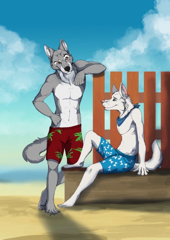 abs anthro beach clothing cloud detailed_background duo feet kerchief leucistic male neckerchief neckwear outside paws plantigrade romantic romantic_couple sand seaside sky swimming_trunks swimwear toes water esquitax shane_(copyright) niharo shane_(shane) canid canine canis mammal wolf hi_res