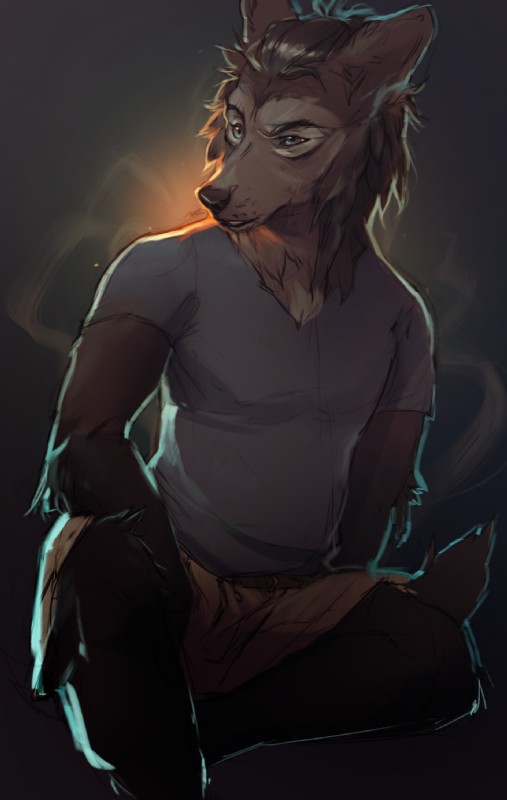 abstract_background anthro biped bottomwear brown_body brown_fur brown_hair clothed clothing fully_clothed fur hair looking_aside male shirt short_hair shorts sitting solo topwear t-shirt thrushes canid canine canis domestic_dog mammal 2017 hi_res