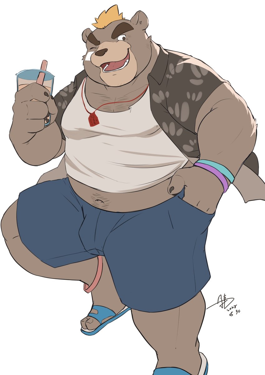 anthro belly beverage blonde_hair bottomwear brown_body brown_fur bubble_tea clothed clothing footwear fur hair male musclegut muscular navel pecs sandals shoes shorts solo jmeo1230 lifewonders tokyo_afterschool_summoners ashigara_(tas) bear mammal hi_res