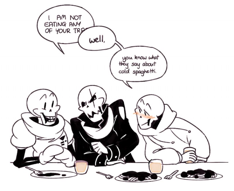 alcohol alternate_universe beverage bone clothing container cup cutlery dialogue food fork gloves handwear hoodie kitchen_utensils not_furry pasta scar scarf skeleton spaghetti text tools topwear min-play_(artist) underfell underswap undertale undertale_(series) papyrus_(underfell) papyrus_(underswap) papyrus_(undertale) animated_skeleton undead comic english_text