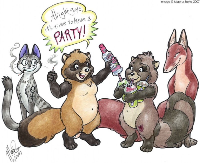 alcohol beverage big_tail black_body black_fur bottle brown_body brown_fur cigarette container dialogue dipstick_tail drinking facial_markings feral fur grey_body grey_fur head_markings japanese leg_markings long_tail markings mask_(marking) multicolored_tail pupils red_body red_fur ring_(marking) ringed_tail scrape semi-anthro slurpee smile smoke smoking socks_(marking) spots striped_markings striped_tail stripes tail tail_markings tattoo text vodka wounded mayra_boyle canid canine domestic_cat felid feline felis fox mammal procyonid raccoon raccoon_dog spirit tanuki 2007 english_text