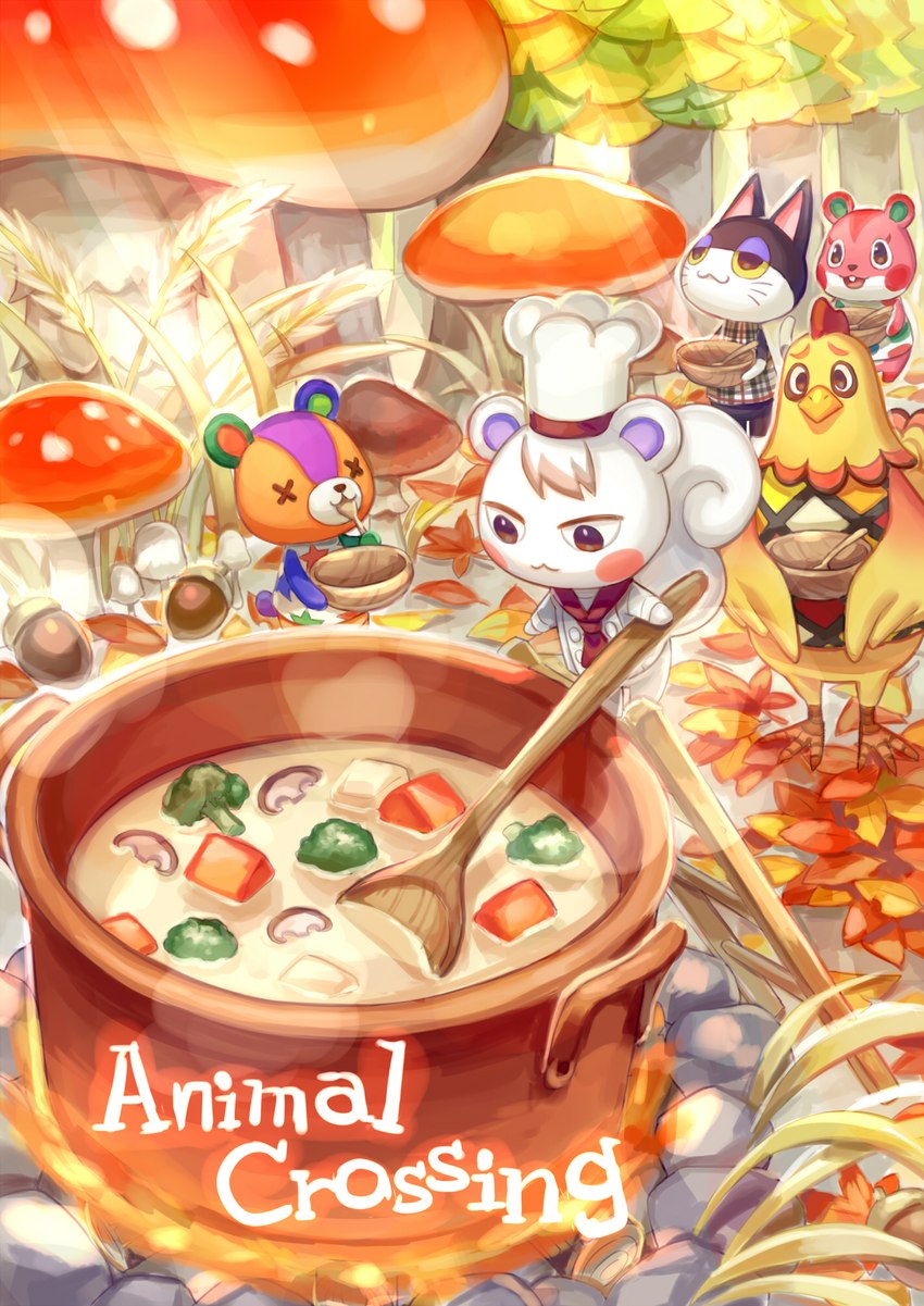 anthro beak biped broccoli chef_hat clothed clothing cutlery female food fungus group hat headgear headwear kitchen_utensils male mushroom plant spoon tail tools vegetable zaku6584 animal_crossing nintendo apple_(animal_crossing) egbert_(animal_crossing) marshal_(animal_crossing) punchy_(animal_crossing) stitches_(animal_crossing) avian bear bird chicken domestic_cat felid feline felis galliform gallus_(genus) mammal phasianid rodent sciurid tree_squirrel 2019 hi_res