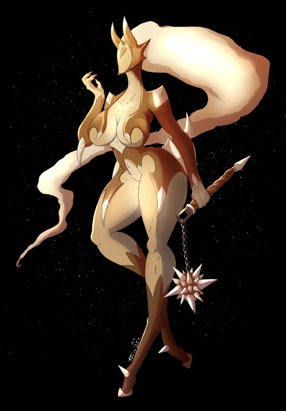 big_breasts breasts cleavage clothed clothing female horn melee_weapon morning_star navel personification planet solo space star venus_(planet) weapon undeadkitty13 alien deity humanoid monster hi_res