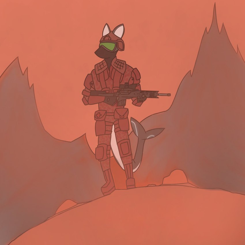 desert gun marksman military mountain ranged_weapon rifle rifle_scope shark_tail sniper_rifle soldier soldier_helmet soldier_uniform solo warrior weapon johmn_(artist) great_mother_(setting) streamline_(character) alien fish floofshark marine martian shark 1:1 hi_res