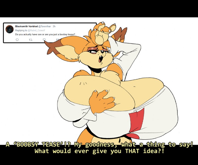 anthro big_breasts breasts claws cleavage clothed clothing crossgender dialogue dialogue_box female huge_breasts hyper mtf_crossgender simple_background solo text user_avatar white_background rabid bubsy_(series) twitter bubsy felid feline lynx mammal 2017 english_text