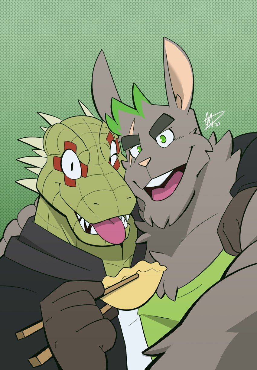 anthro chopsticks clothing duo fur green_background green_body green_clothing green_eyes green_hair green_shirt green_tank_top green_topwear grey_body grey_fur gyoza hair male open_mouth shirt simple_background tank_top tongue tongue_out topwear hikazedragon dorohedoro kaiman_(dorohedoro) lagomorph leporid mammal rabbit reptile scalie hi_res