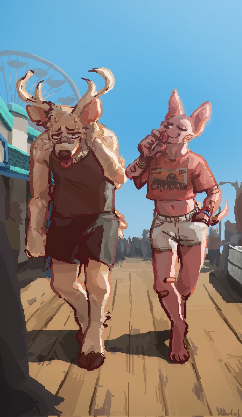 amusement_ride anthro antlers band-aid band-aid_on_face band-aid_on_nose bandage bandage_on_face bandage_on_nose barefoot biped blue_sky boardwalk bodily_fluids brown_body brown_fur candy clothed clothing dessert detailed_background duo_focus eyes_closed feet femboy ferris_wheel food fur group hairless horn lollipop male navel outside pink_body shirt sky sweat tank_top tongue tongue_out topwear mawfulme bingus_(mawfulme) deer domestic_cat felid feline felis hairless_cat mammal 2022 digital_media_(artwork) hi_res