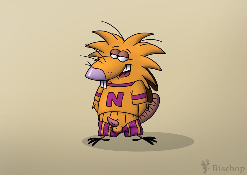 4_fingers 4_toes anthro balls biped black_eyes bottomwear buckteeth clothed clothing erection feet fingers fur genitals gradient_background male penis purple_nose semi-anthro shirt shorts simple_background t-shirt tapering_penis teeth toes topwear whiskers yellow_body yellow_fur johnofe nickelodeon the_angry_beavers norbert_beaver beaver mammal rodent absurd_res hi_res