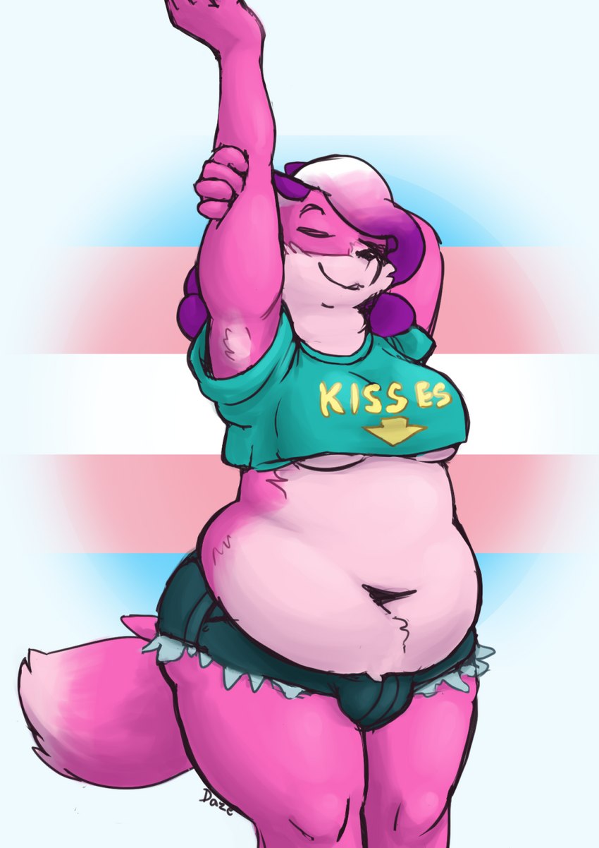 anthro arrow_sign belly bottomwear bulge clothing crop_top denim eyes_closed fur green_clothing green_shirt green_topwear gynomorph hair hotpants intersex lgbt_pride multicolored_hair navel overweight pink_body pink_fur pride_colors purple_hair shirt shorts simple_background slightly_chubby smile solo stretching tail text text_on_clothing thick_thighs topwear transgender_pride_colors two_tone_hair white_hair moxiloxi super_lesbian_animal_rpg melody_amaranth canid canine fox mammal 2023 hi_res signature trans_(lore) trans_woman_(lore)