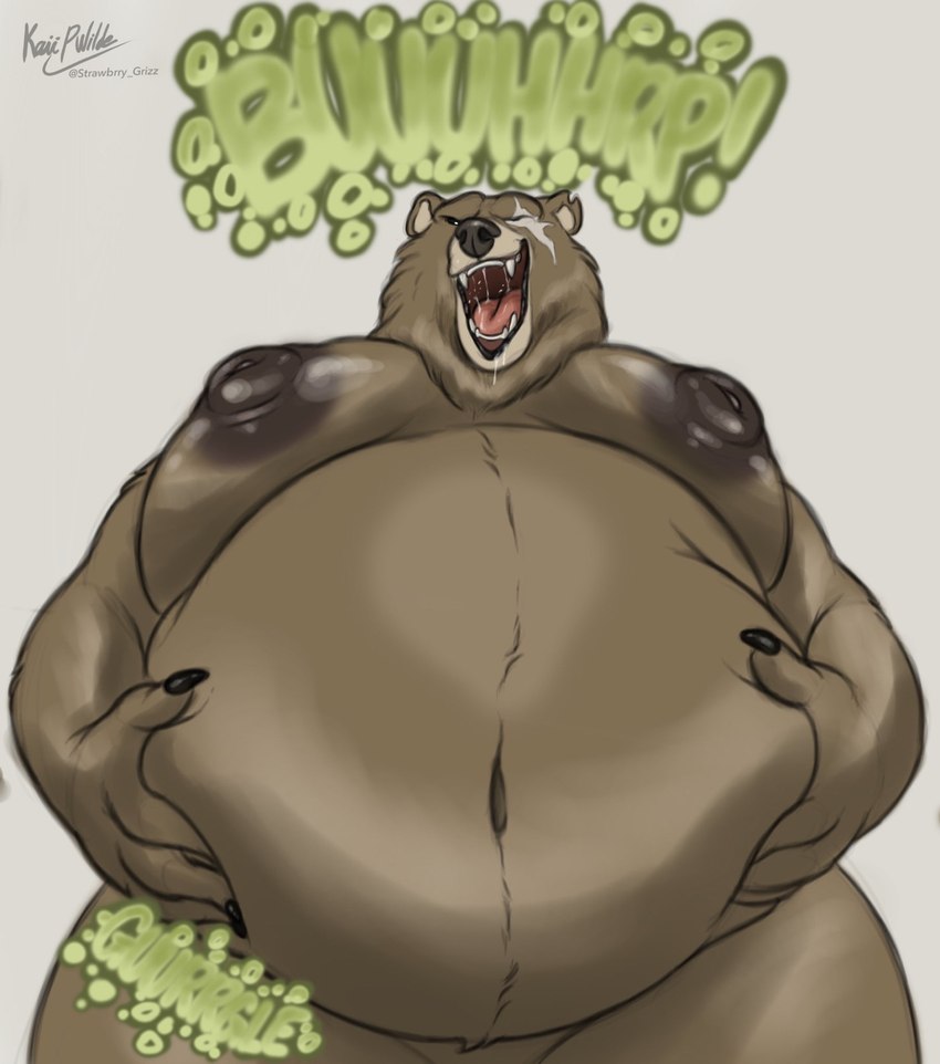 anthro areola belly belly_grab big_belly big_moobs big_nipples bodily_fluids burping claws drooling eye_scar facial_scar fangs fur holding_belly looking_at_viewer low-angle_view male moobs navel nipples notched_ear nude obese obese_anthro obese_male open_mouth overweight overweight_anthro overweight_male rumbling_stomach saliva saliva_on_tongue saliva_string scar smile smiling_at_viewer solo sound_effects teeth text tongue husky2paws mihoyo zenless_zone_zero ben_bigger bear mammal 2024 hi_res signature