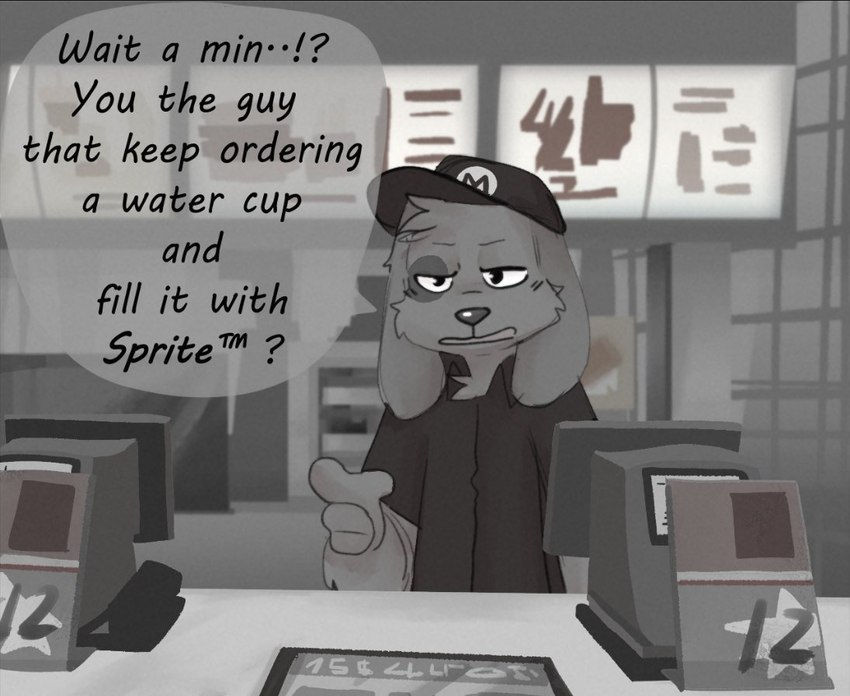 ambiguous_gender anthro cashier clothing dialogue fast_food_employee fast_food_restaurant fast_food_uniform hat headgear headwear solo speech_bubble talking_to_viewer text text_on_clothing text_on_hat text_on_headwear pop2hotzz sprite_(soda) canid canine canis domestic_dog mammal english_text greyscale monochrome