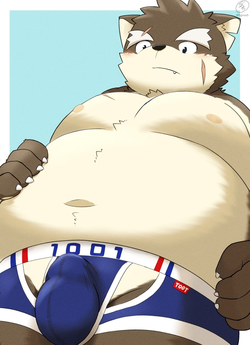 anthro belly blush bulge clothing detailed_bulge eyebrows fur grey_body grey_fur low-angle_view male moobs nipples overweight overweight_male scar solo thick_eyebrows underwear 5groo5 lifewonders tokyo_afterschool_summoners moritaka_(tas) canid canine canis domestic_dog mammal hi_res