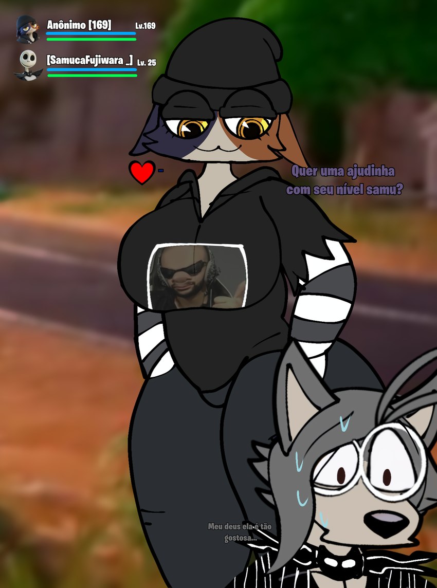 anthro big_breasts big_butt bodily_fluids breasts butt cameo clothing cosplay duo eyewear female glasses male shy sweat text thick_thighs vincikkkk vincizinho_(artist) epic_games fortnite the_nightmare_before_christmas jack_skellington luangameplay meow_skulls samuca_(vincizinho) animal_humanoid canid canid_humanoid canine canine_humanoid canis domestic_cat felid feline felis humanoid hybrid mammal mammal_humanoid wolf wolf_humanoid absurd_res alternate_version_at_source hi_res portuguese_text