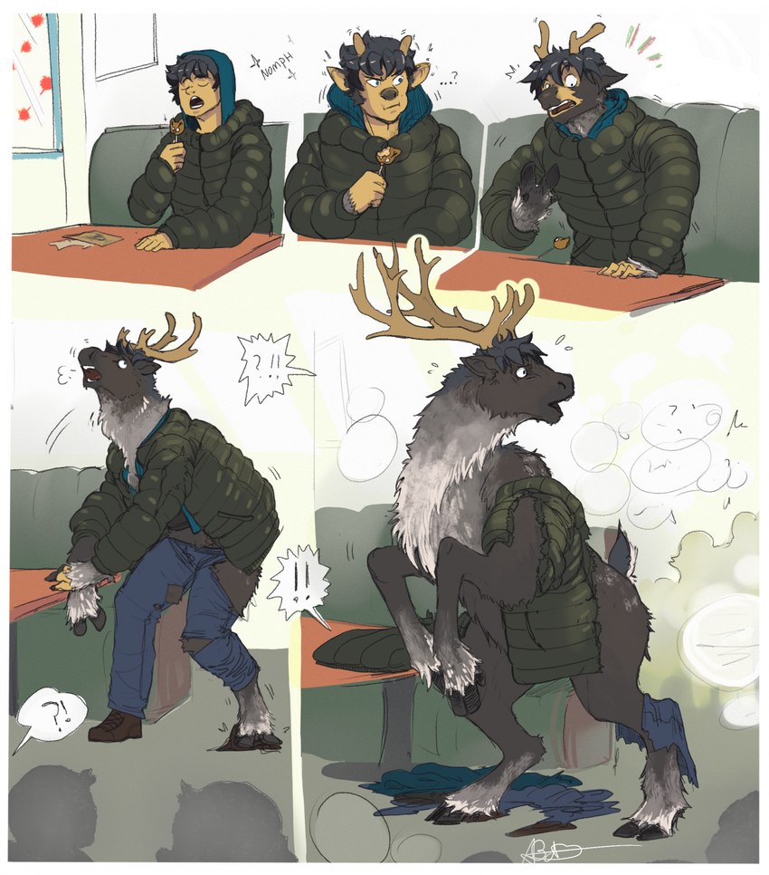 ?! ambiguous_gender antler_growth antlers biped biped_to_quadruped blue_bottomwear blue_clothing blue_eyes blue_pants bottomwear breath clothing cloven_hooves ear_expansion exclamation_point expansion feral fur fur_growth grey_body grey_fur group growth hands_to_hooves hoodie hoof_growth hooves horn human_to_feral inside jacket loss_of_dexterity pants quadruped question_mark shirt snout snout_growth solo_focus species_transformation speech_bubble tail tail_growth tail_growth_in_pants topwear torn_bottomwear torn_clothing torn_pants torn_shirt torn_topwear transformation transformation_sequence transformation_through_food unguligrade luminousshift deer human mammal new_world_deer reindeer hi_res shaded signature