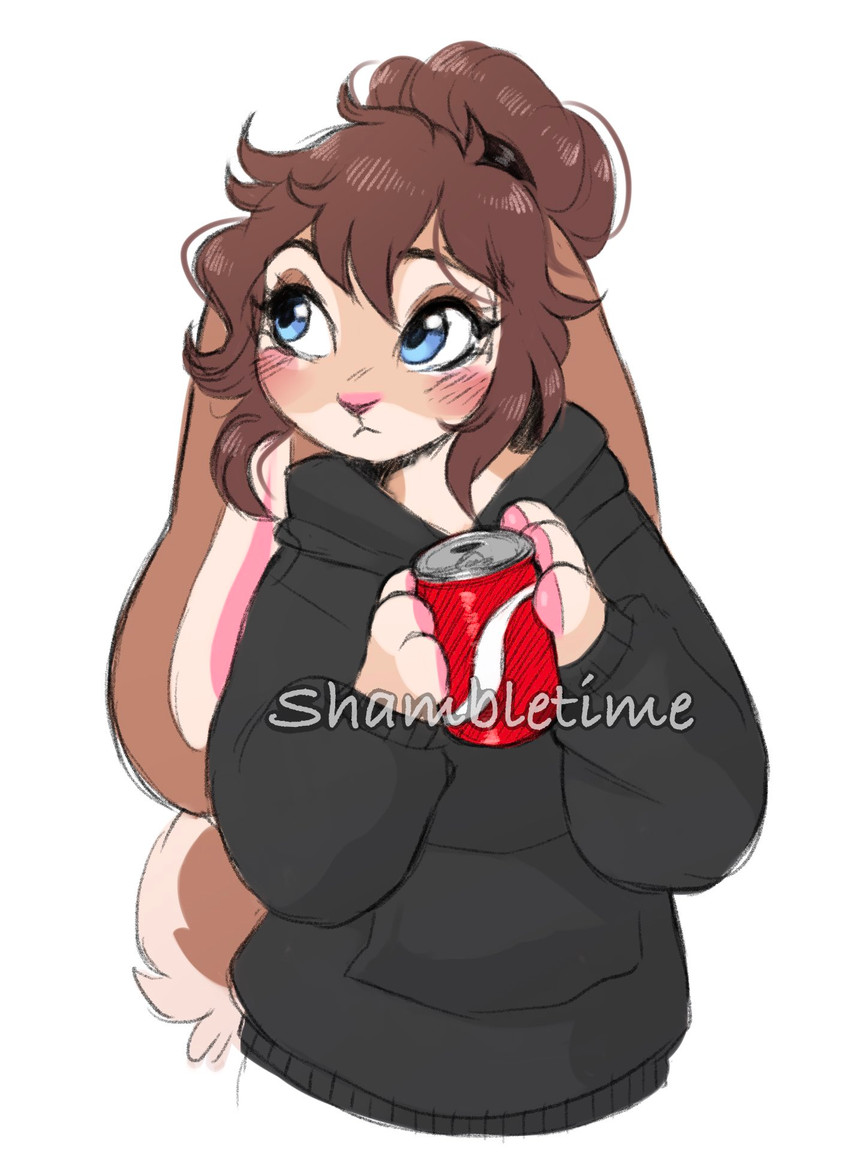 anthro beverage_can clothing female hair hoodie solo topwear shambletime shambles_(shambletime) lagomorph leporid mammal rabbit hi_res