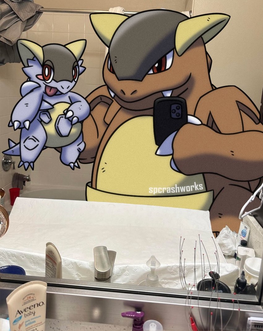 ambiguous_gender bathroom brown_body brown_scales claws duo electronics female feral holding_object holding_phone horn inside looking_at_viewer mirror phone photo pouch_(anatomy) reflection scales selfie sharp_teeth sink tan_body tan_scales teeth tongue tongue_out spcrashworks nintendo pokemon baby_kangaskhan generation_1_pokemon generation_6_pokemon kangaskhan mega_evolution mega_kangaskhan pokemon_(species) draw_over meme mother_(lore) mother_and_child_(lore) parent_(lore) parent_and_child_(lore)