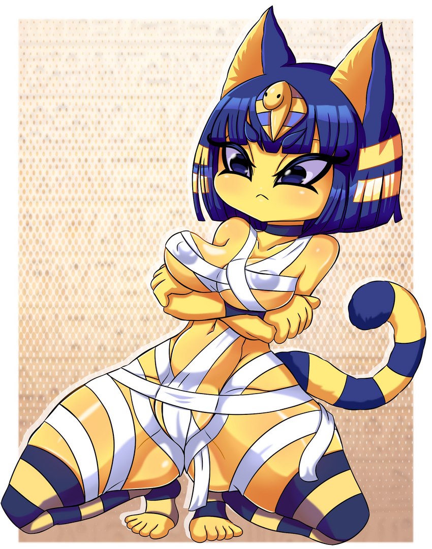 anthro big_breasts breasts camel_toe crouching female frown nipple_outline pattern_background presenting simple_background solo spread_legs spreading wraps izfan animal_crossing nintendo ankha_(animal_crossing) domestic_cat felid feline felis mammal hi_res