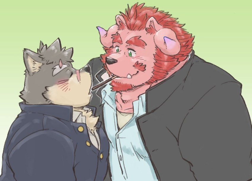 anthro blush duo food fur grey_body grey_fur male male/male pink_body pink_fur pocky_game size_difference exe_exem lifewonders pocky pocky_and_pretz_day tokyo_afterschool_summoners chernobog_(tas) moritaka_(tas) canid canine canis demon domestic_dog mammal digital_media_(artwork)