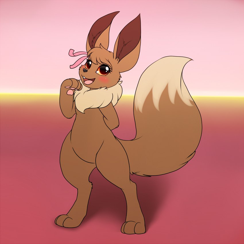 3_fingers 3_toes anthro blush bow_ribbon brown_body brown_fur feet female fingers fur inner_ear_fluff open_mouth pawpads paws red_eyes simple_background solo tan_body tan_fur teeth toes tongue tuft shikaro nintendo pokemon ruka_vaporeon eevee generation_1_pokemon pokemon_(species) 1:1 2018 hi_res