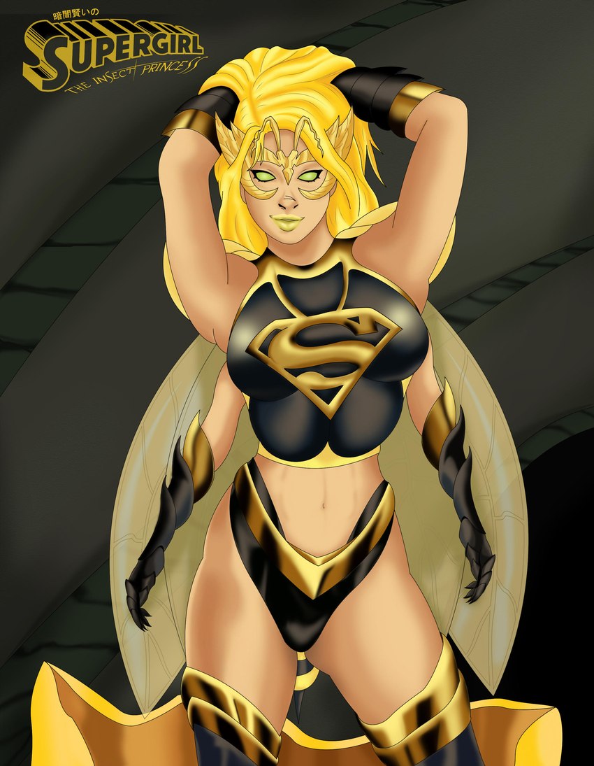 4_arms after_transformation alternate_universe blonde_hair female hair insect_wings lips long_hair looking_at_viewer midriff multi_arm multi_limb navel no_pupils smile solo stinger superhero_costume tan_body tan_skin text wings yellow_lips yellow_sclera darkthewise dc_comics linda_danvers supergirl animal_humanoid arthropod arthropod_humanoid humanoid insect insect_humanoid 2010 absurd_res english_description english_text hi_res japanese_text story story_at_source story_in_description