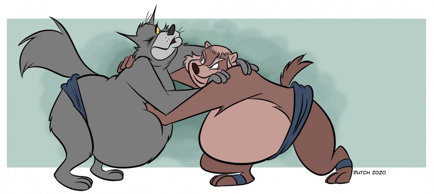 anthro asian_clothing belly big_belly blue_clothing bottomwear brown_body brown_fur clothing duo east_asian_clothing fur grey_body grey_fur huge_belly japanese_clothing male mawashi obese one_eye_closed overweight overweight_anthro overweight_male sumo sumo_wrestler sumo_wrestling dutch_(artist) disney robin_hood_(disney) friar_tuck sheriff_of_nottingham badger canid canine canis mammal mustelid musteline wolf 2020