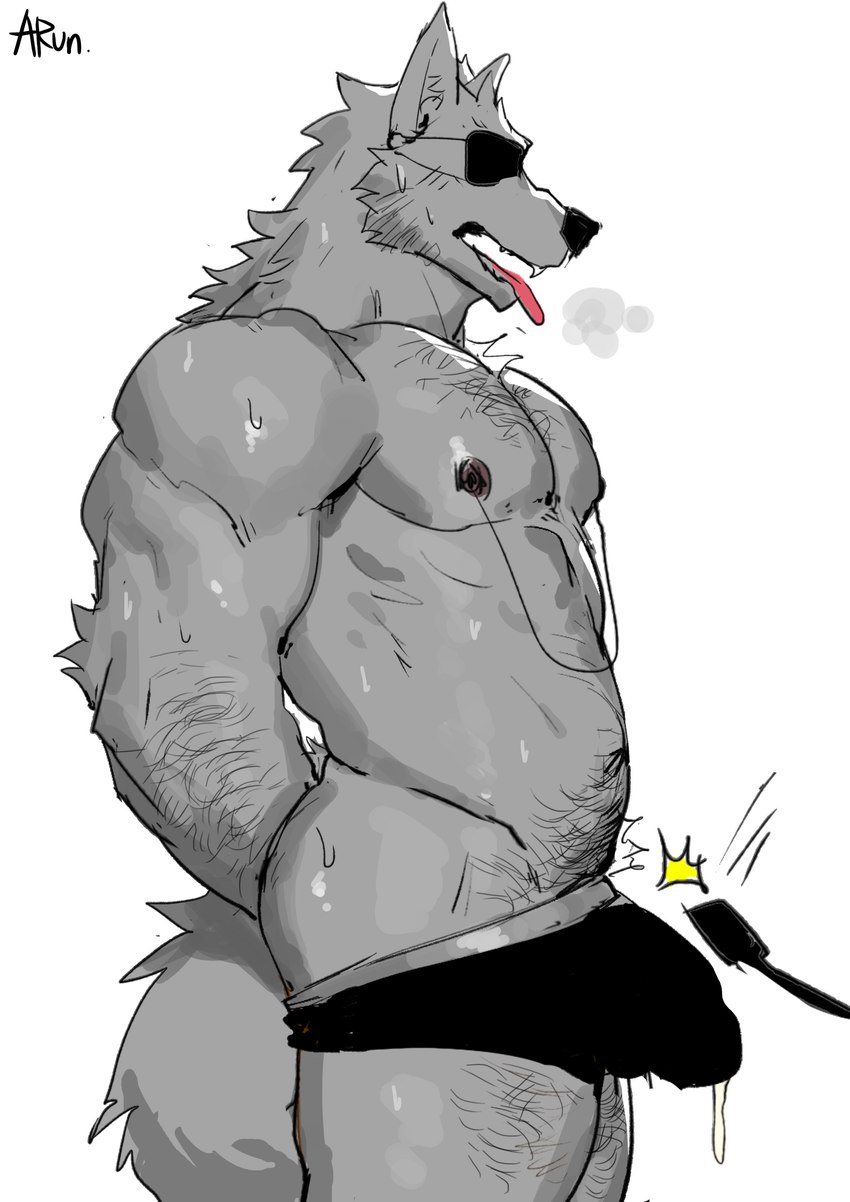 anthro blindfold bodily_fluids bulge clothing detailed_bulge genital_fluids genital_outline male muscular muscular_anthro muscular_male nipples pecs penis_outline simple_background solo tongue tongue_out underwear arun_six canid canine canis mammal wolf absurd_res hi_res