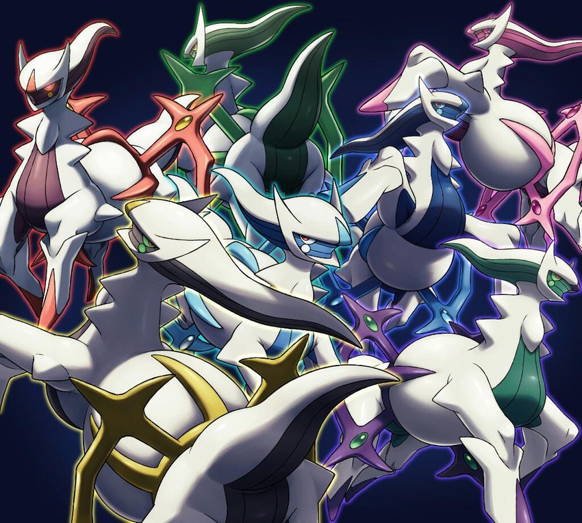 ambiguous_gender belly blue_body featureless_crotch feral green_body group pink_body red_body red_eyes simple_background slightly_chubby white_body on_ice_(artist) nintendo pokemon arceus generation_4_pokemon legendary_pokemon pokemon_(species)