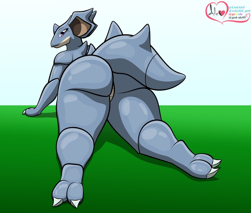 2_fingers anthro big_butt big_ears blue_body blue_skin butt claws feet female fingers horn purple_eyes rear_view simple_background solo spikes tail thick_thighs god-ale nintendo pokemon generation_1_pokemon nidoqueen pokemon_(species) digital_media_(artwork) hi_res