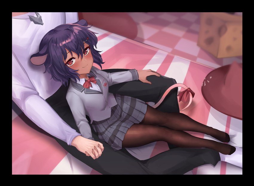 5_fingers accessory anime_eyes bangs bed bent_legs black_border black_bottomwear black_clothing black_pants black_skirt blush border bottomwear bow_tie brown_body brown_skin checkered checkered_floor cheese closed_smile clothed_female clothed_human clothed_humanoid clothed_male clothing dairy_products dress_shirt duo female female_focus female_humanoid fingers food footwear furgonomics furniture grey_clothing grey_suit hair hair_accessory hairclip hand_holding hand_on_leg hand_on_thigh inside interlocked_fingers jewelry larger_male legwear light looking_at_viewer male male_human medium_hair mouth_closed necklace on_bed on_lap pants pillow pink_tail pockets purple_hair red_bow_tie red_eyes red_pillow red_ribbon ribbons shirt sitting size_difference skirt smaller_female smile smiling_at_viewer socks solo_focus stockings striped_blanket suit tail tail_accessory tail_ribbon tan_body tan_skin thin_eyebrows topwear translucent translucent_clothing translucent_legwear translucent_stockings white_clothing white_dress_shirt white_footwear white_shirt white_socks white_topwear duokhay arc_system_works guilty_gear vtuber ky_kiske yatra_(juunto) animal_humanoid human humanoid mammal mammal_humanoid murid murid_humanoid murine murine_humanoid rat_humanoid rodent rodent_humanoid 2024 absurd_res colored digital_drawing_(artwork) digital_media_(artwork) hi_res lighting shaded