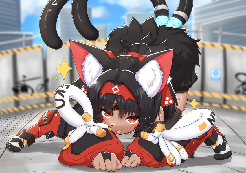 2_tails 4_toes >:3 all_fours alternate_species anthro anthrofied asian_clothing ass_up barcode_on_head black_hair blurred_background clothing cute_fangs east_asian_clothing eyebrow_through_hair eyebrows fangs feet female fur hair inner_ear_fluff looking_at_viewer multi_tail open_mouth open_smile pounce_pose pupils red_eyes slit_pupils smile solo sparkles tail tan_body tan_fur teeth toes translucent translucent_hair tuft whiskers horokusa0519 asian_mythology east_asian_mythology japanese_mythology mihoyo mythology zenless_zone_zero nekomiya_mana felid mammal nekomata thiren yokai absurd_res hi_res