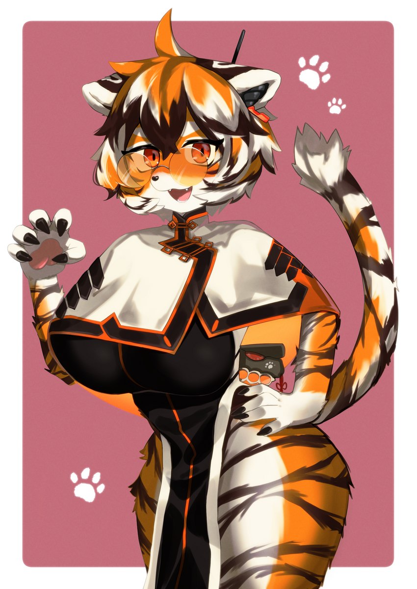 anthro big_breasts border brass_knuckles breasts clothed clothing eyewear female footprint fur glasses hair knife mantle melee_weapon nails open_mouth open_smile orange_body orange_eyes orange_fur orange_hair paw_pose pawpads pawprint pink_background pose round_glasses sharp_nails simple_background slit_dress smile solo striped_body striped_fur striped_hair stripes sunglasses switchblade_knife weapon white_body white_border white_fur white_hair wide_hips samhae arknights hypergryph studio_montagne waaifu_(arknights) felid mammal pantherine tiger absurd_res hi_res