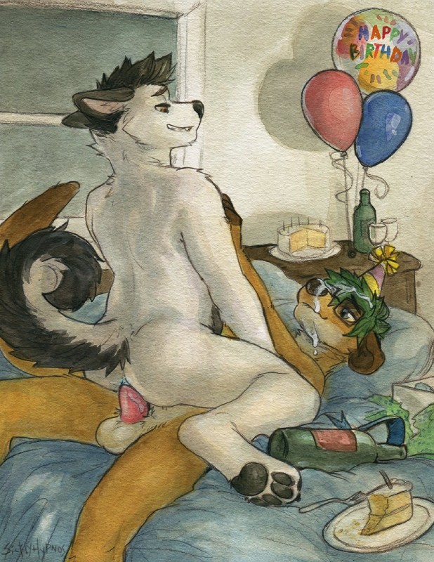 alcohol anal anal_penetration anthro anthro_on_anthro anthro_penetrated anthro_penetrating anthro_penetrating_anthro anus balloon balls bed beverage big_balls big_penis biped birthday birthday_sex black_body black_fur black_hair black_pawpads blue_anus blue_eyes bodily_fluids bottle brown_body brown_eyes brown_fur butt cake circular_balloon claws container cowgirl_position cum cum_in_hair cum_inside cum_on_face cum_on_partner cum_while_penetrated cup cutlery dessert detailed_background drinking_glass duo ears_back erection eyewear feet food fork from_front_position fur furniture genital_fluids genitals geometric_balloon glass glass_container glass_cup glasses green_hair grin hair half-closed_eyes hand_on_chest hindpaw inflatable inside interspecies kitchen_utensils looking_pleasured lying male male/male male_on_bottom male_on_top male_penetrated male_penetrating male_penetrating_male multicolored_body multicolored_fur narrowed_eyes nude on_back on_bed on_bottom on_top party pawpads paws penetration penile penile_penetration penis penis_in_ass pillow pivoted_ears plate print_balloon sex shaped_balloon sitting smile text text_on_balloon text_print toe_claws tools two_tone_body two_tone_fur white_body white_fur window wine wine_glass sicklyhypnos freshie marcus_techkat canid canine canis domestic_dog herpestid husky hybrid mammal meerkat nordic_sled_dog spitz wolfdog 2018 english_text hi_res painting_(artwork) traditional_media_(artwork) watercolor_(artwork)