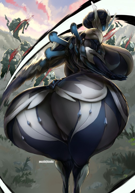 big_breasts big_butt blood bodily_fluids breasts butt curvy_figure death female genitals huge_breasts huge_butt machine not_furry pussy side_boob solo thick_thighs voluptuous wide_hips daiidalus digital_extremes tencent warframe khora_(warframe) alien humanoid robot tenno hi_res