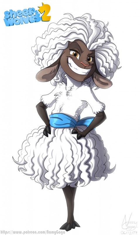 brown_eyes female grin hair hands_on_hips looking_at_viewer ribbons simple_background smile solo standing text white_background white_hair namygaga sheep_and_wolves wizart_animation josie_(sheep_and_wolves) bovid caprine domestic_sheep mammal sheep 2017 absurd_res hi_res