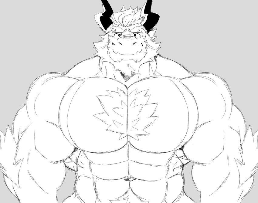 2_horns abs anthro arm_tuft beard big_biceps big_deltoids big_pecs chest_tuft deltoids elbow_tuft facial_hair front_view horn looking_at_viewer male muscular muscular_anthro muscular_male navel pecs pubes scales simple_background smile solo standing tuft juggermelon mythology jugger_(character) dragon mythological_creature mythological_scalie scalie 2024 hi_res line_art monochrome