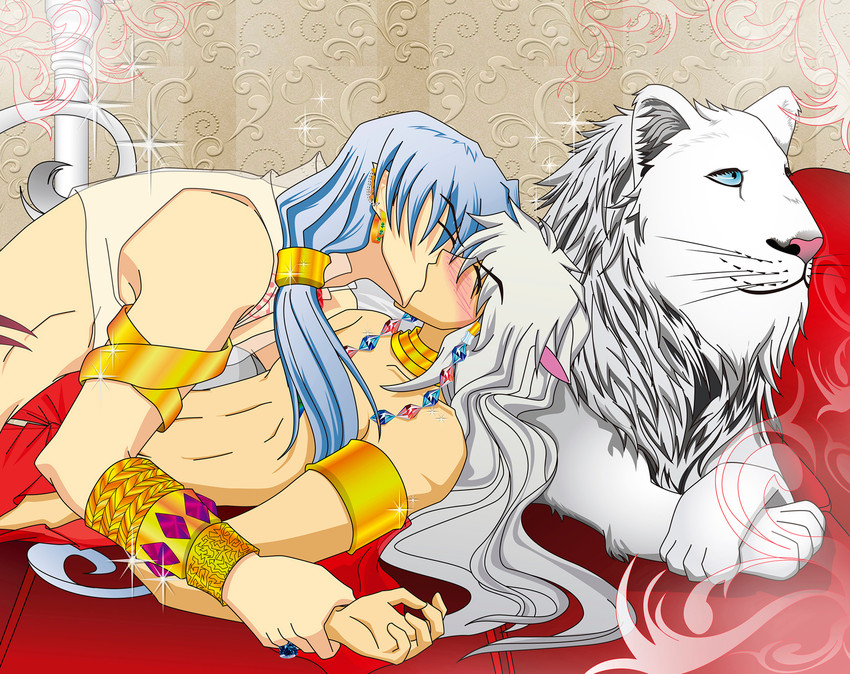 bed blush clothed clothing duo ear_piercing feral furniture hair holding_down humanoid_pointy_ears kissing lying male male/male on_back on_bed piercing pointy_ears simple_background topless white_hair monsterdonghae07 inuyasha inuyasha_(inuyasha) sesshomaru animal_humanoid canid canine canis demon domestic_dog felid half-demon humanoid hybrid lion mammal pantherine absurd_res hi_res brother_(lore) brothers_(lore) incest_(lore) sibling_(lore)