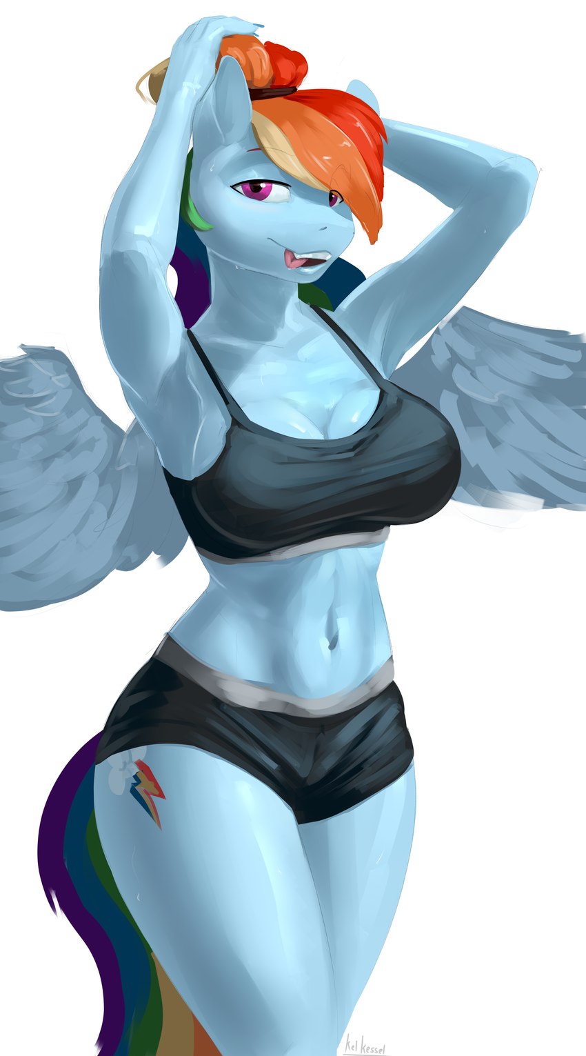 accessory anthro anthrofied athletic athletic_anthro athletic_female athletic_wear big_breasts blue_body blue_feathers blue_fur blue_nails bra breasts cleavage clothed clothing colored_nails cutie_mark feathered_wings feathers female fur hair hair_accessory hair_tie licking licking_lips multicolored_hair multicolored_tail nails navel pink_eyes rainbow_hair rainbow_tail simple_background solo sports_bra spread_wings tail teeth tongue tongue_out underwear white_background wings kelkessel friendship_is_magic hasbro my_little_pony mythology rainbow_dash_(mlp) equid equine mammal mythological_creature mythological_equine pegasus 2023 absurd_res digital_media_(artwork) hi_res