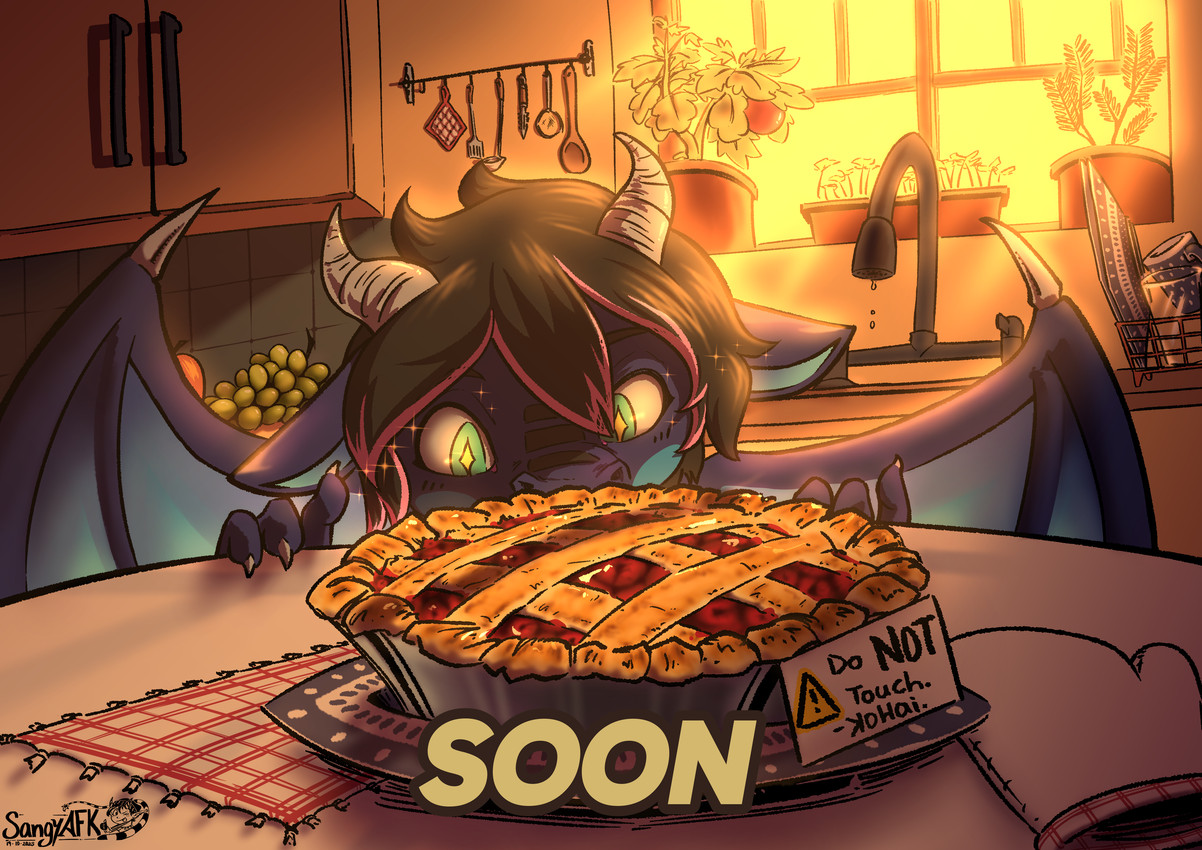 anthro blue_body food fruit green_eyes hair horn kitchen kitchen_sink kitchen_utensils male pastry pie pink_hair plant solo spread_wings strawberry tools wings sangy mythology theron_the_dorkan dragon mythological_creature mythological_scalie scalie absurd_res hi_res