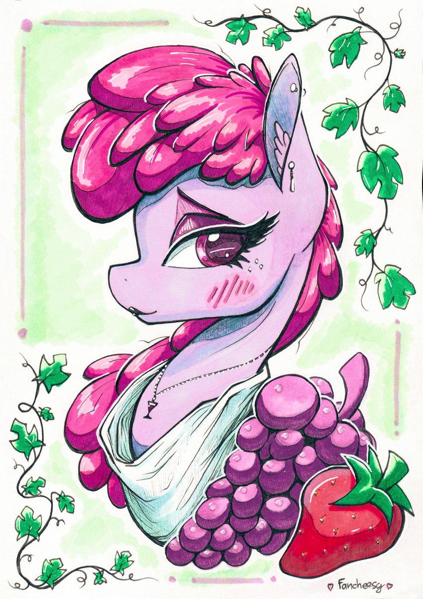 blush clothing ear_piercing ear_ring female feral food fruit grape hair jewelry lipstick looking_back makeup necklace piercing pink_hair plant purple_body ring_piercing smile solo strawberry toga fanch1 friendship_is_magic hasbro my_little_pony berry_punch_(mlp) earth_pony equid equine horse mammal pony absurd_res hi_res marker_(artwork) portrait traditional_media_(artwork)